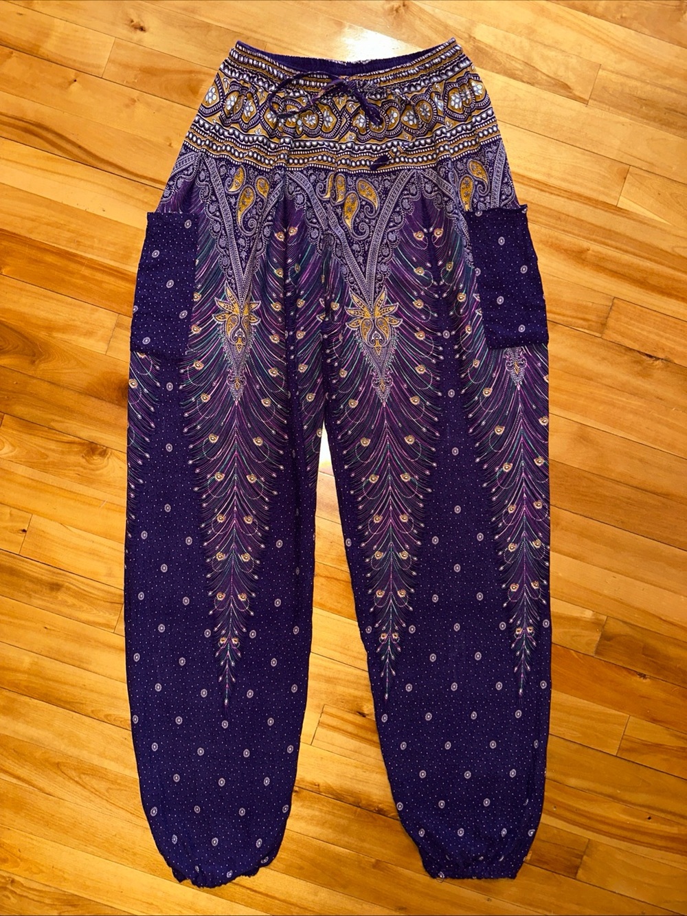 Blue Gecko Boho Print Harem Pants Drawstring Waist Women’s Small Peacock Purple
